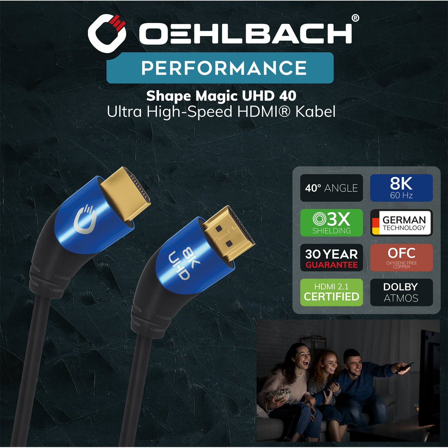 Zwei HDMI-Kabel mit Goldsteckern, blau-schwarzen Steckern, Produktinformationen und Menschen beim Fernsehen.