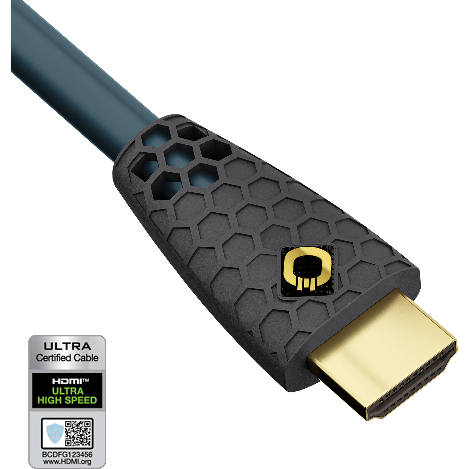 Nahaufnahme eines HDMI-Kabels mit Goldstecker und schwarzem Wabenmustergriff, mit Zertifizierungsetikett.