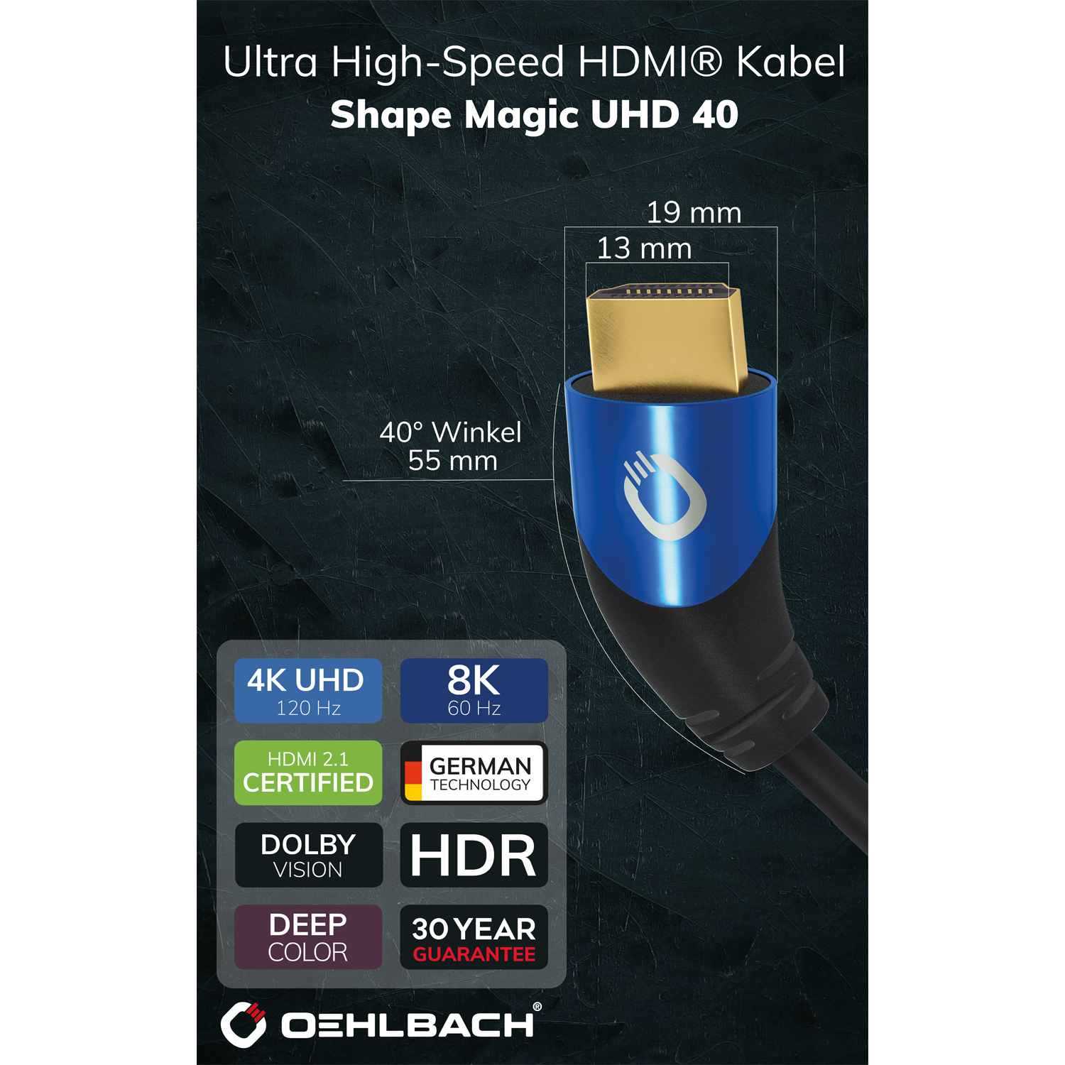 Ein HDMI-Kabel mit blauem und schwarzem Stecker, mit Spezifikationen und Logos auf dunklem Hintergrund.
