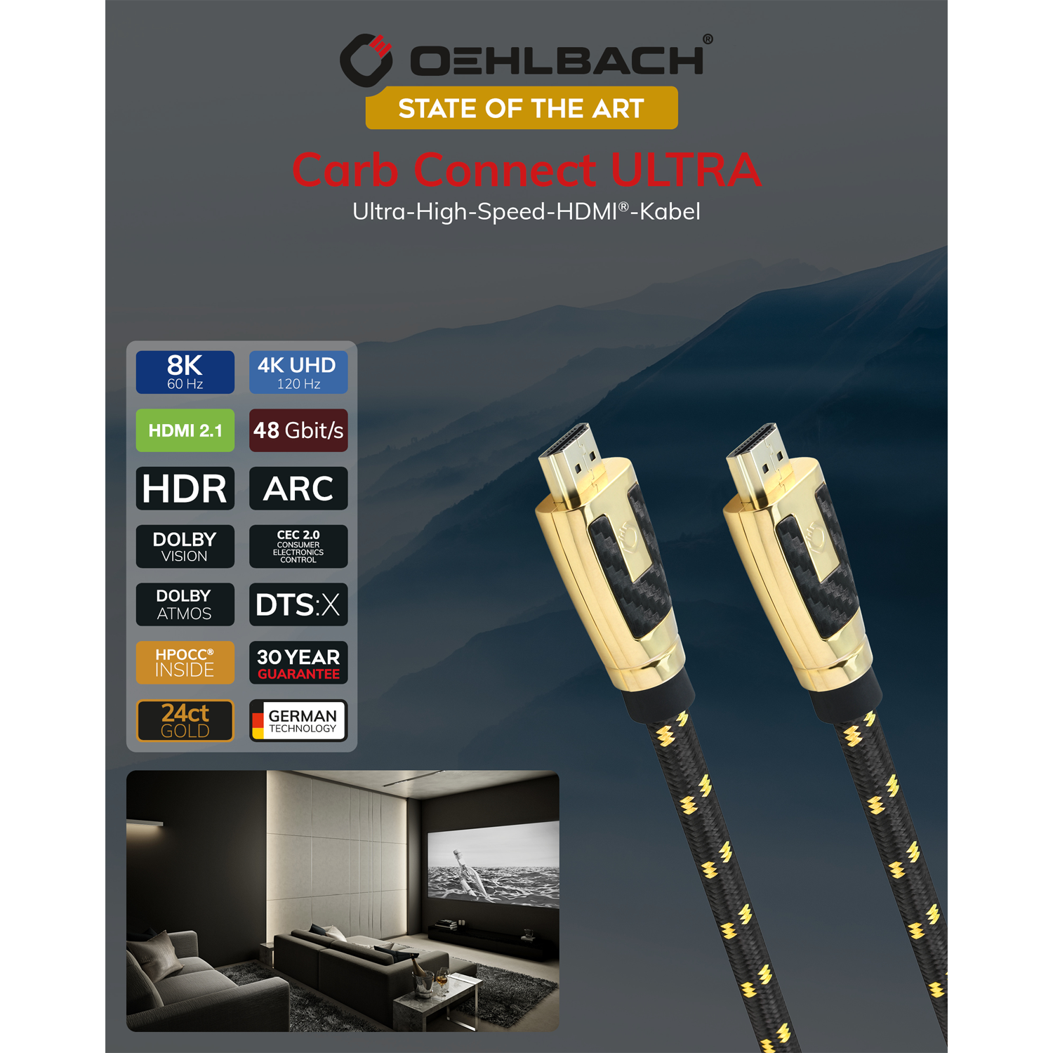 Zwei HDMI-Kabel mit Goldsteckern, schwarz-gelb geflochtenen Kabeln, Produktinformationen und Wohnzimmerszene.