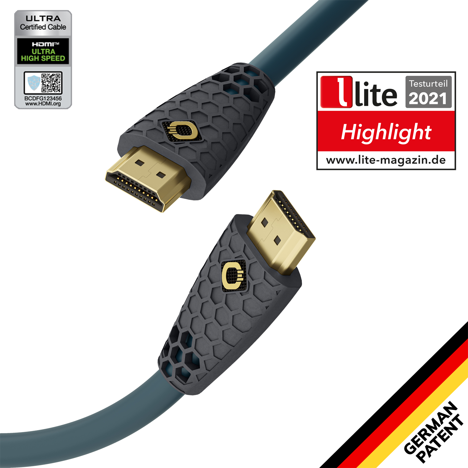 Zwei HDMI-Kabel mit Goldanschlüssen, schwarzen und grauen Griffen und einem Zertifizierungsetikett.