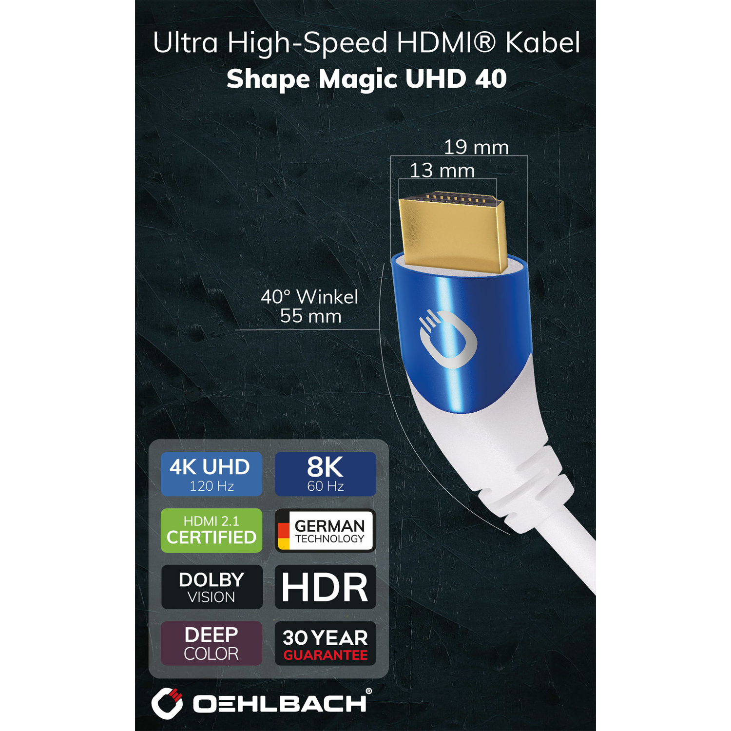 HDMI-Kabel mit blauem und goldenem Stecker. Details umfassen '4K UHD 120 Hz' und 'HDMI 2.1 Certified'.