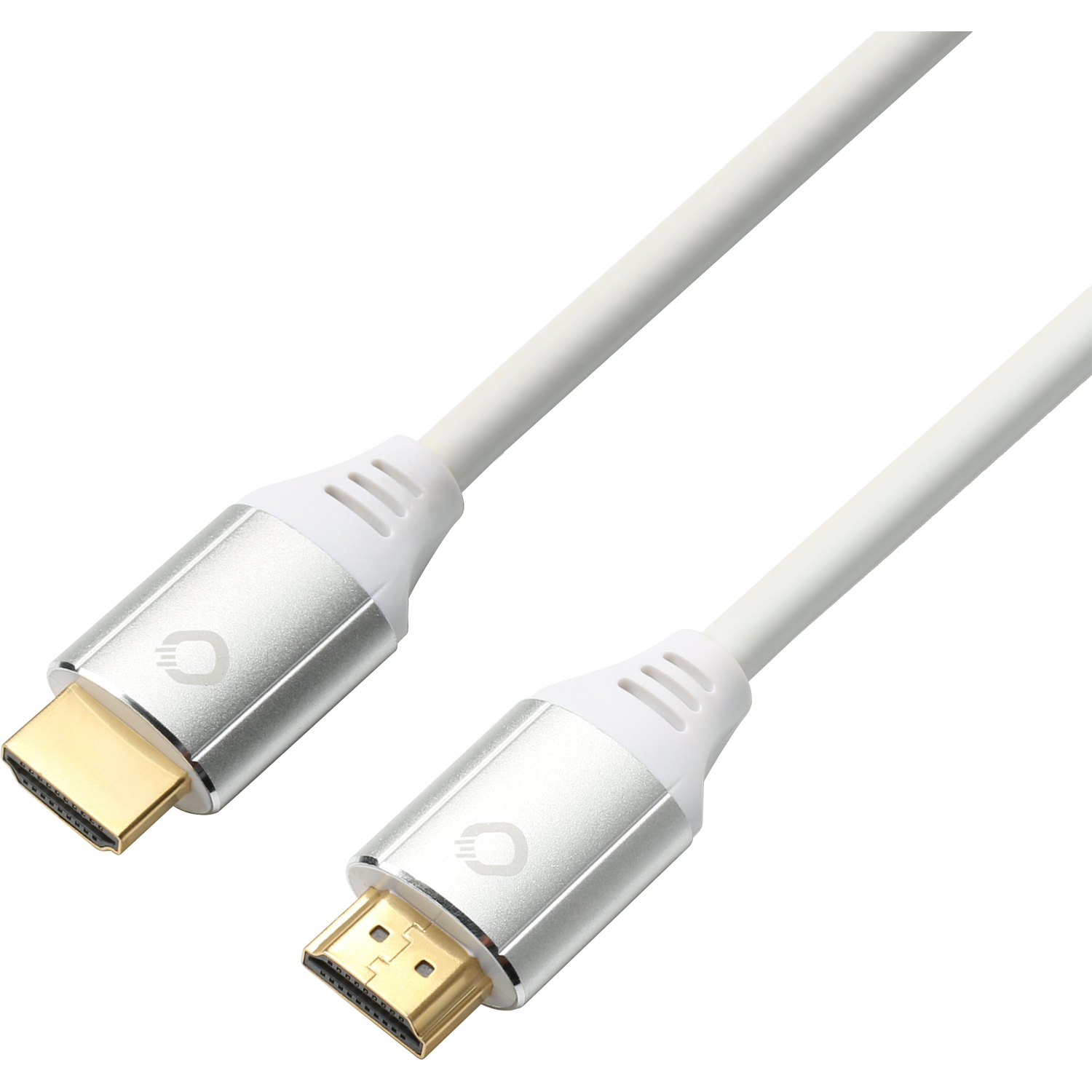 Zwei silberne HDMI-Kabel mit goldenen Steckern. Die Kabel sind gerade und vor schwarzem Hintergrund.