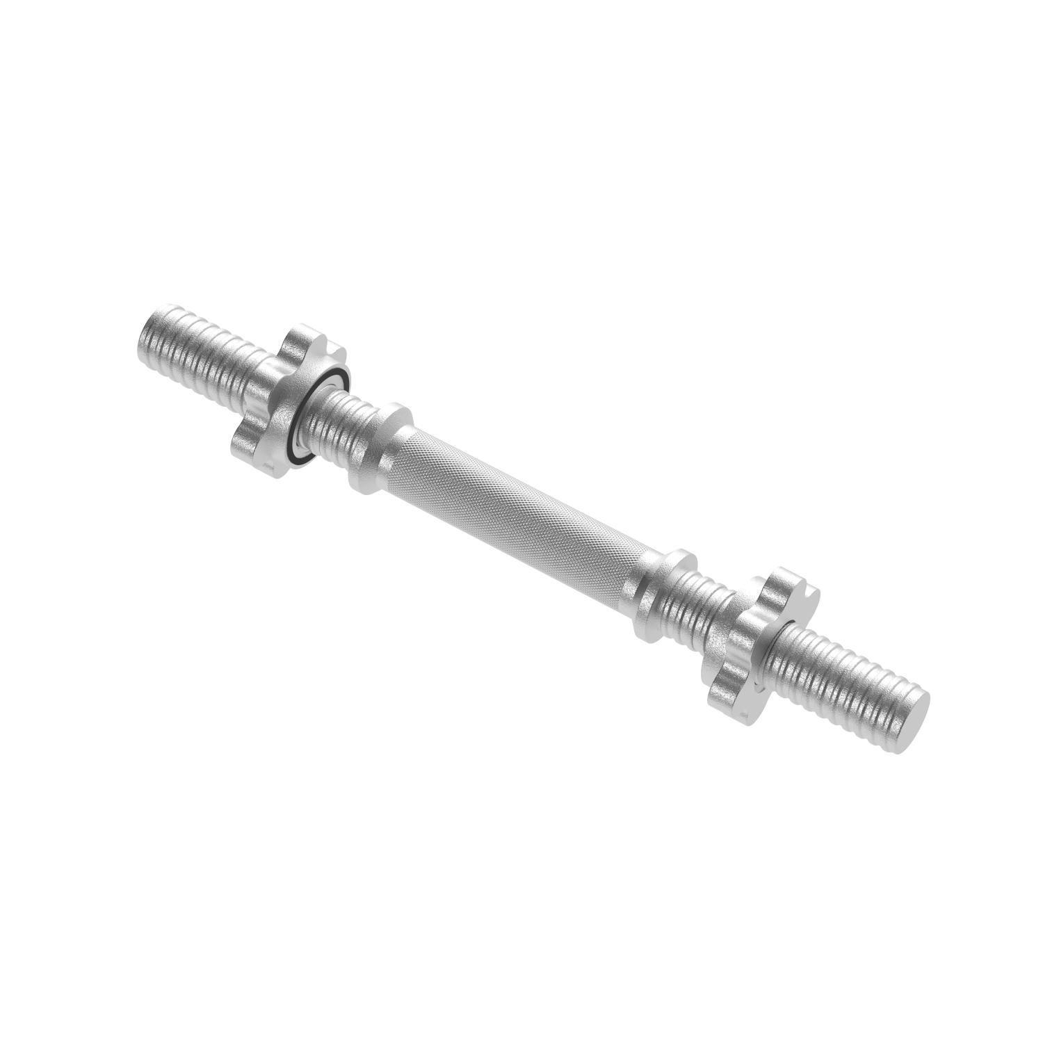 A silver dumbbell bar diagonally on a black background, showing textured grip and threaded ends with collars.