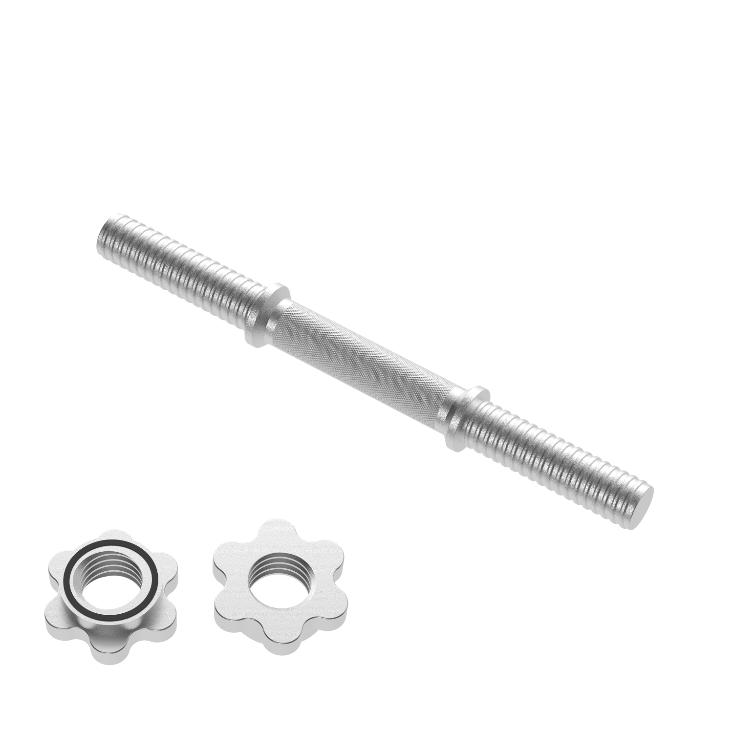 A silver dumbbell bar and two weight plates. The bar is in the center, plates are below. All objects are on a white background.