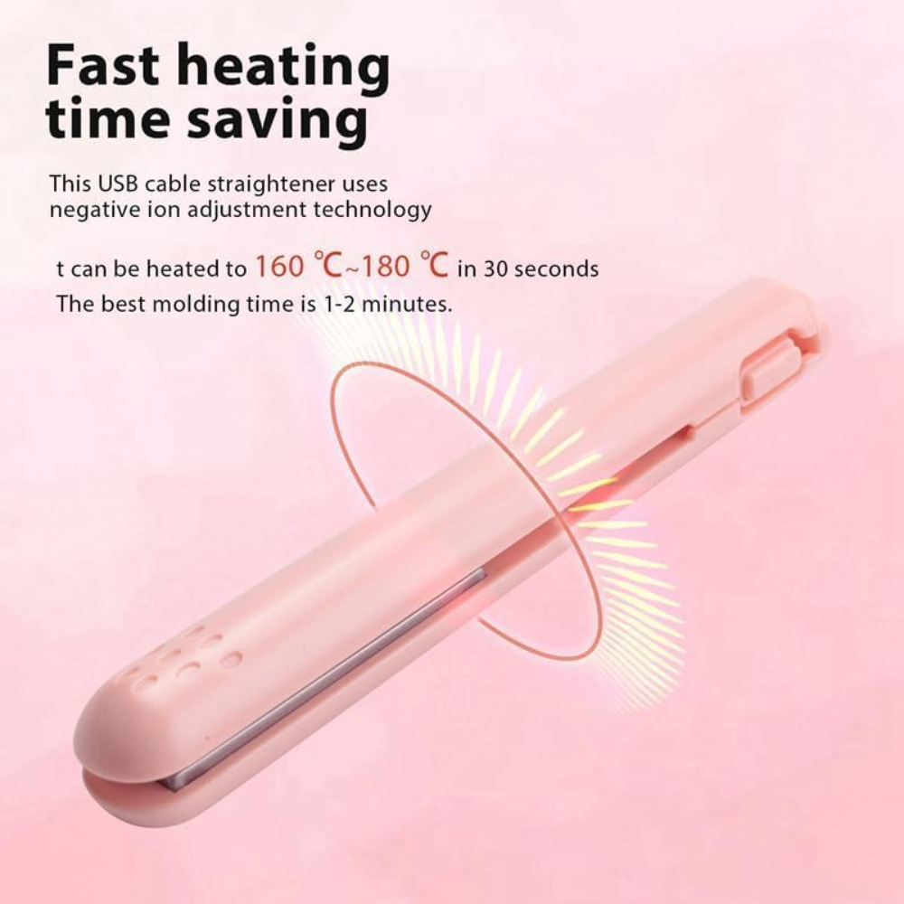 Ein rosa USB-Haarglätter wird gezeigt. Der Text hebt schnelles Aufheizen hervor. Der Glätter befindet sich auf einem rosa Hintergrund, mit Hitzewellen.