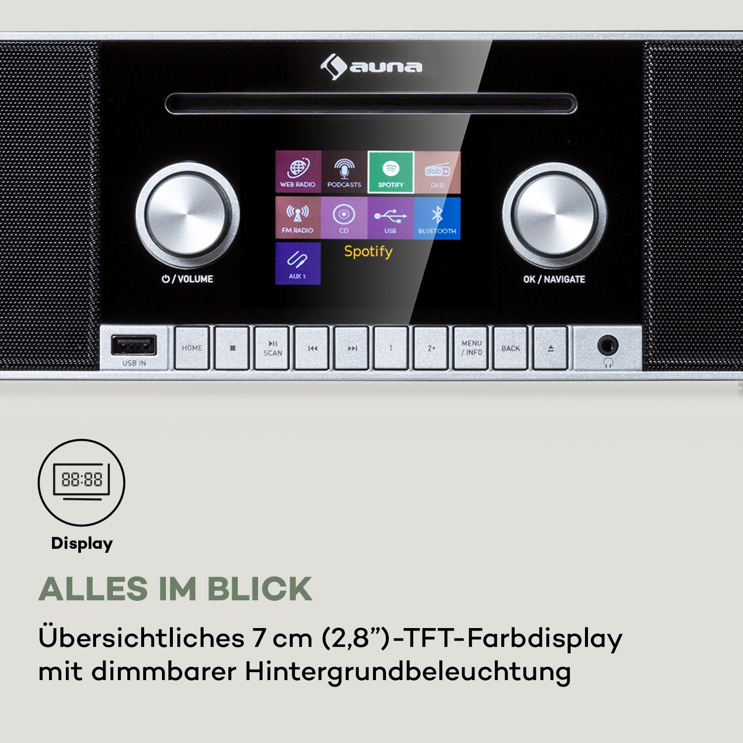 Schwarzes Radio mit Display, das Symbole für Webradio, Podcasts, Spotify und DAB anzeigt. Bedienelemente für Lautstärke, USB und Navigation.