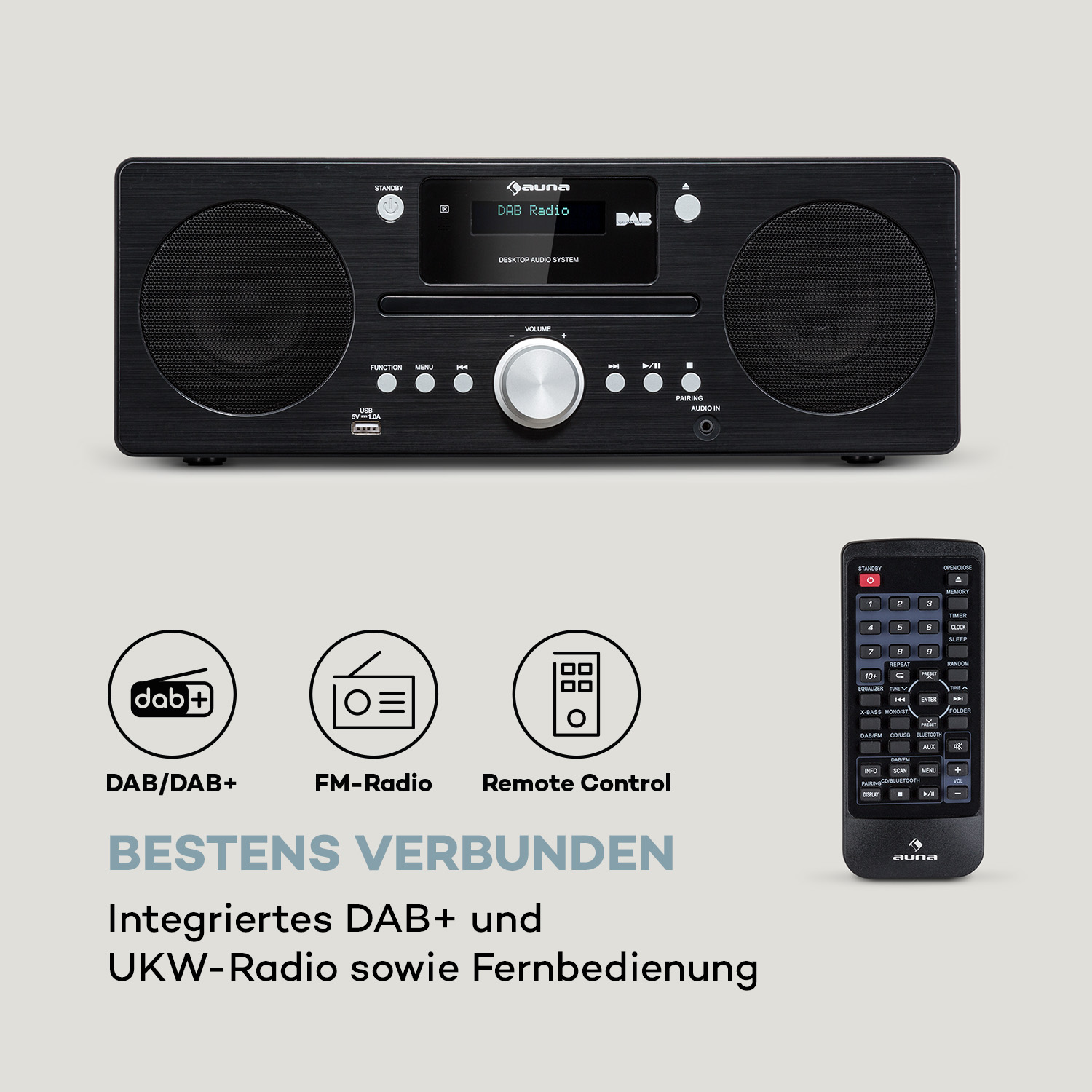 Ein schwarzes Radio mit Tasten und Lautsprechern, mit Symbolen für DAB+, UKW-Radio und Fernbedienung.