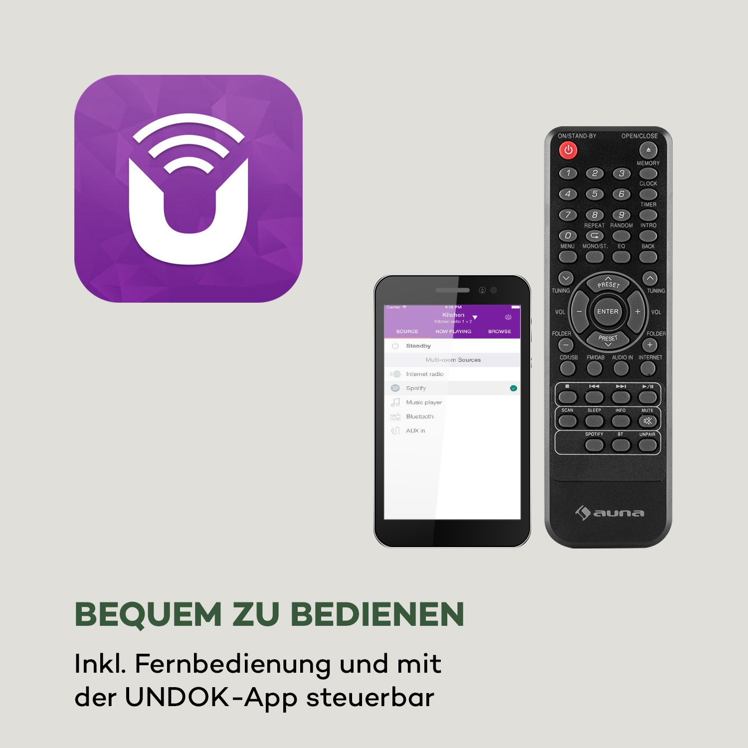 Eine Fernbedienung und ein Telefonbildschirm mit einer App-Oberfläche. Der Text unten lautet „Einfach zu bedienen“.