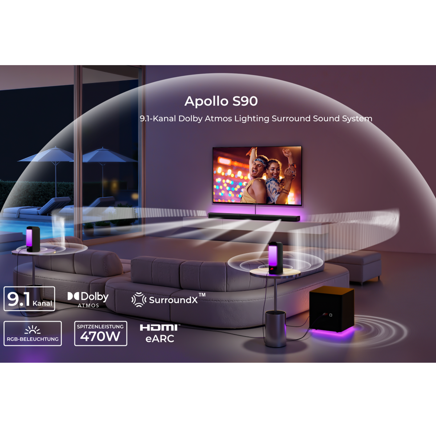 Wohnzimmer mit Fernseher und Soundsystem. Der Raum ist gut beleuchtet und zeigt ein modernes Interieur.