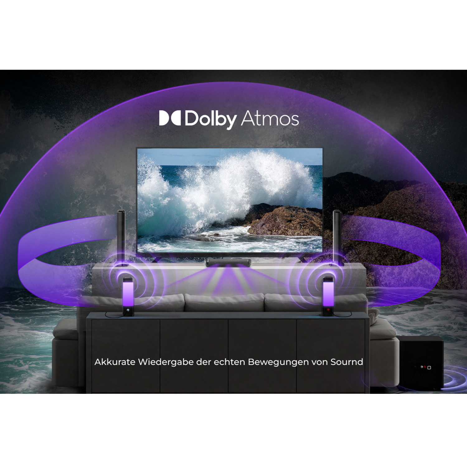 Ein Fernseher mit Dolby Atmos-Logo in einem Wohnzimmer. Schallwellen umgeben den Fernseher und die Lautsprecher.