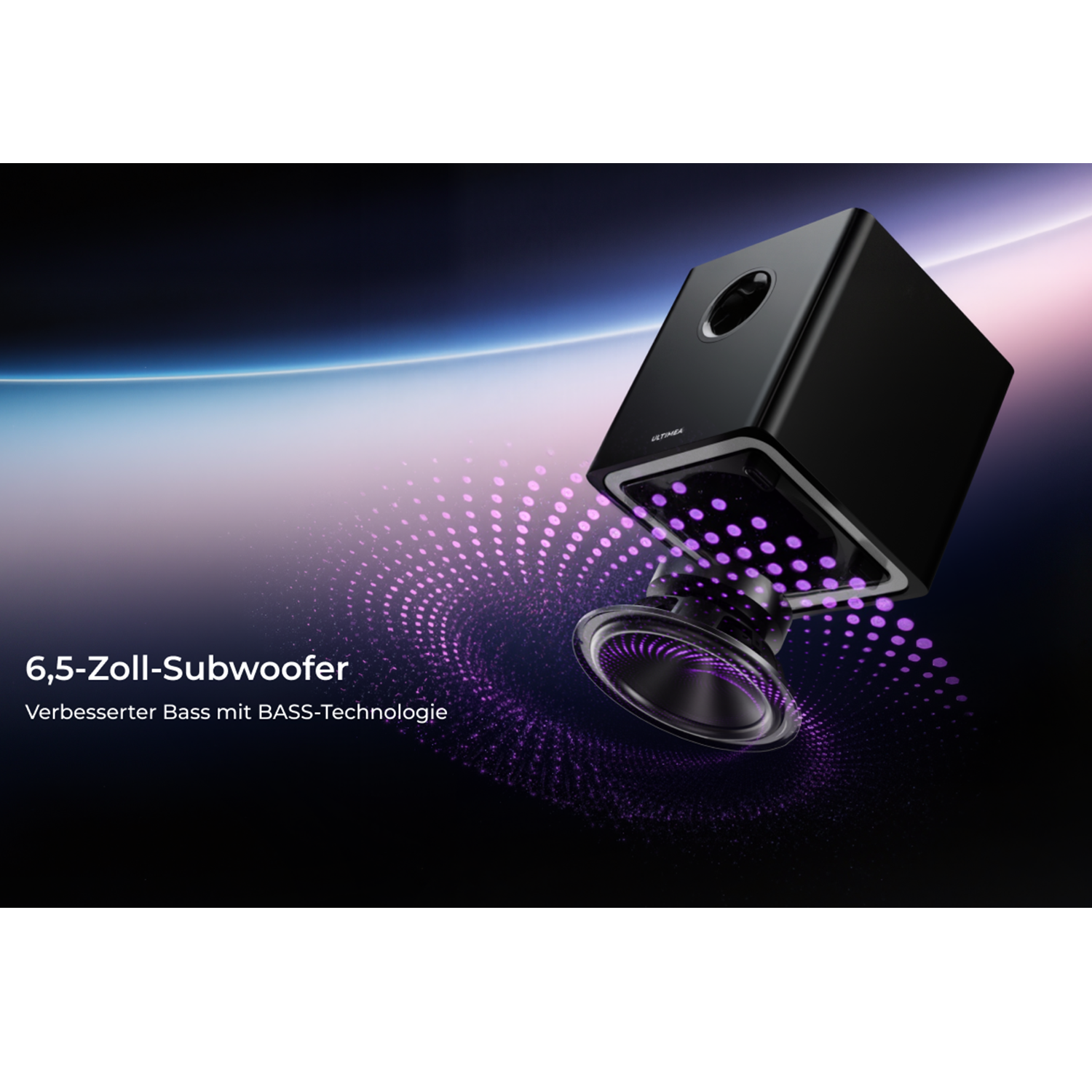 Schwarzer Subwoofer mit nach unten gerichtetem Lautsprecher, der violette Schallwellen aussendet.