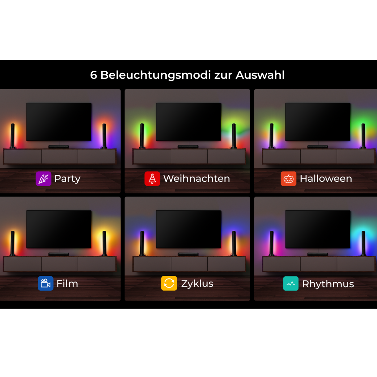 Sechs Bilder, die verschiedene Beleuchtungsmodi für einen Fernseher zeigen. Die Modi umfassen Party, Weihnachten und Halloween.