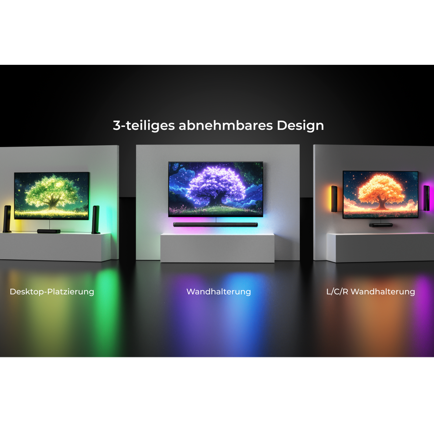 Drei Szenen mit TV, Soundbar und Lautsprechern, die verschiedene Setups zeigen: Desktop, Wandhalterung und L/C/R Wandhalterung.