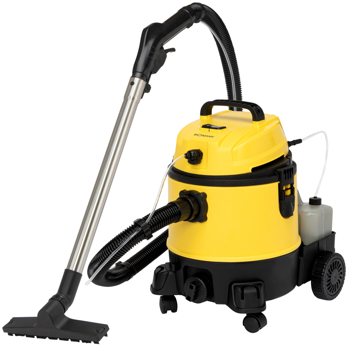 Żółto-czarny odkurzacz ze srebrną rurą i czarnym wężem. Widoczny uchwyt i koła.