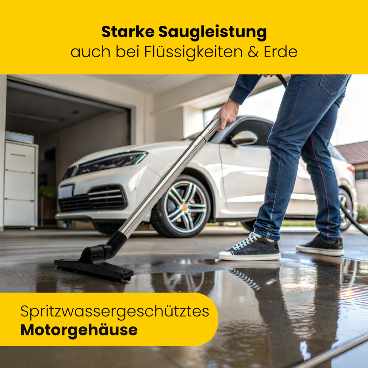 Osoba odkurzająca mokrą powierzchnię czarnym odkurzaczem. Biały samochód w tle.