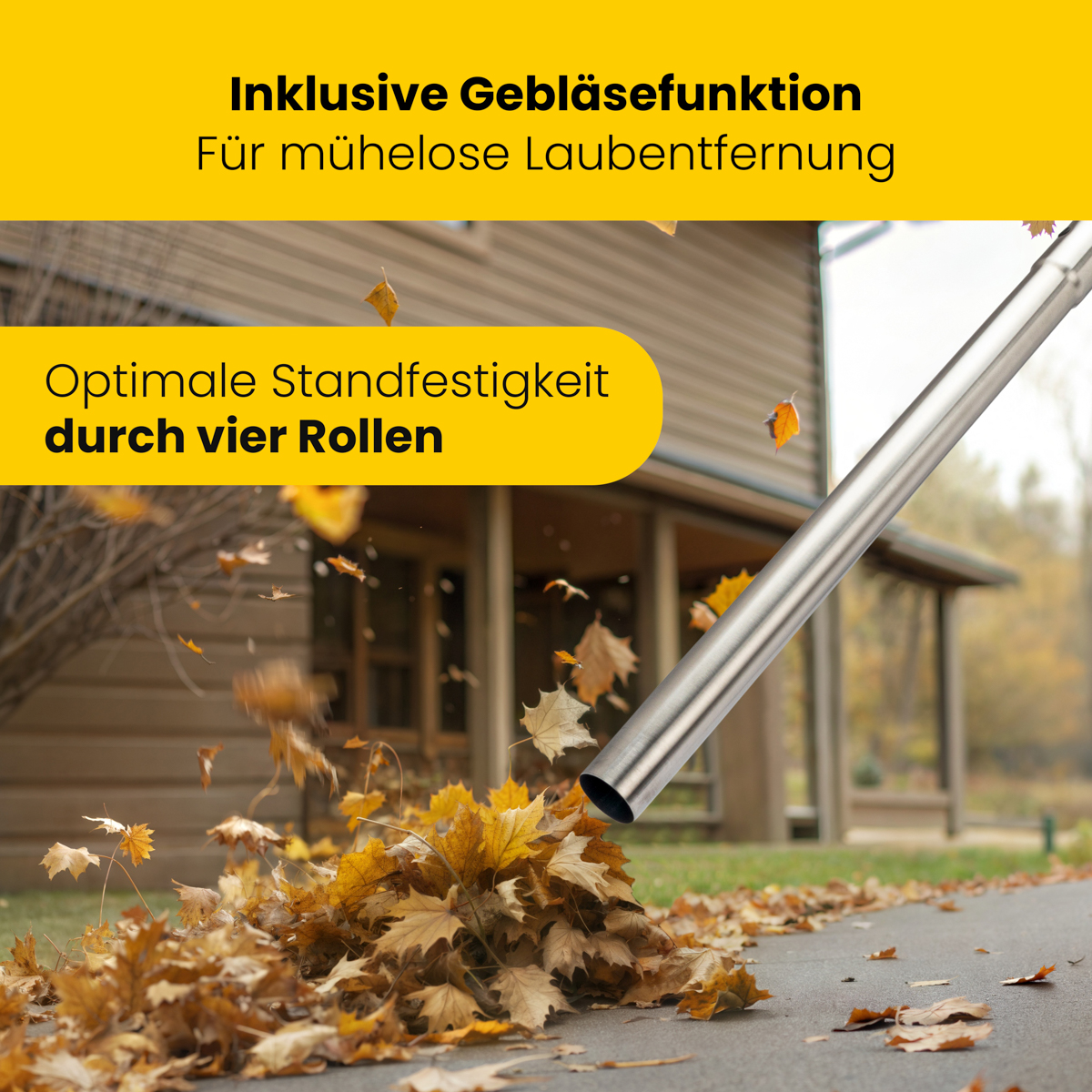 Osoba używa dmuchawy do liści do przesuwania liści na utwardzonej powierzchni.