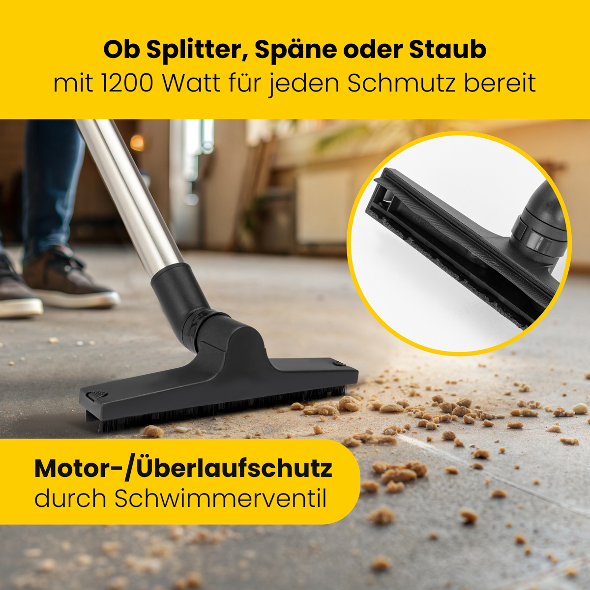 Zbliżenie głowicy odkurzacza na betonowej podłodze ze śmieciami. Tekst: '1200W' i 'Ochrona silnika'.