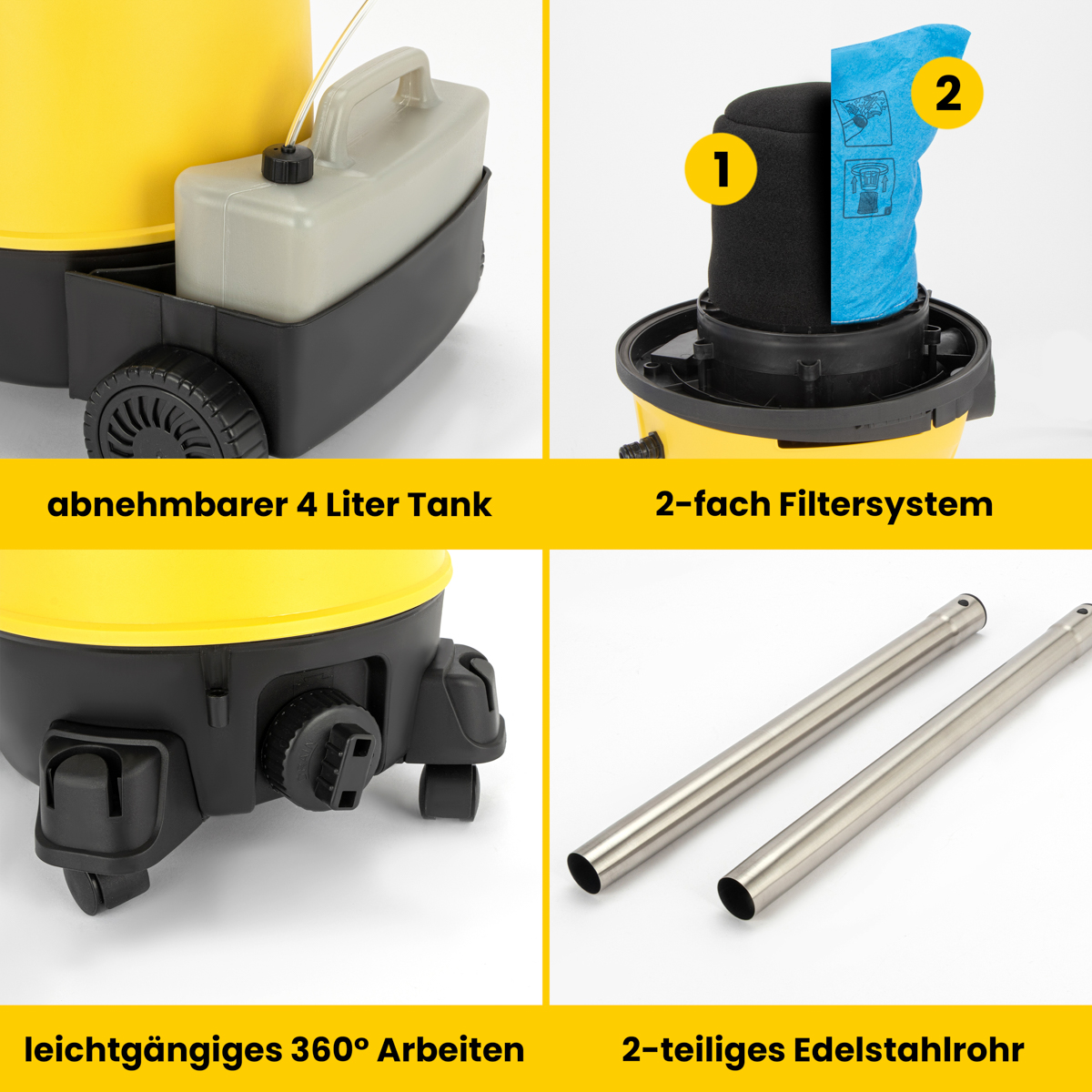 Odkurzacz z żółtą obudową i czarną podstawą. Zbiornik 4l, system filtrów i kółka.