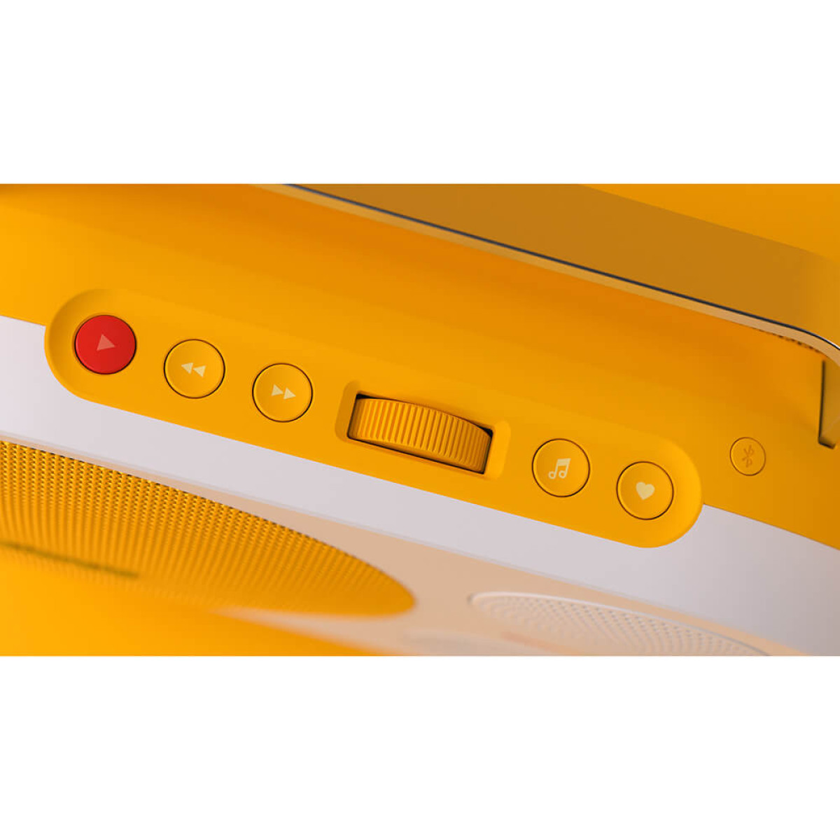 Zbliżenie żółtych elementów sterujących radiem: czerwony przycisk odtwarzania, przewijanie do tyłu, przewijanie do przodu, głośność, nuta muzyczna, serce, płatek śniegu.