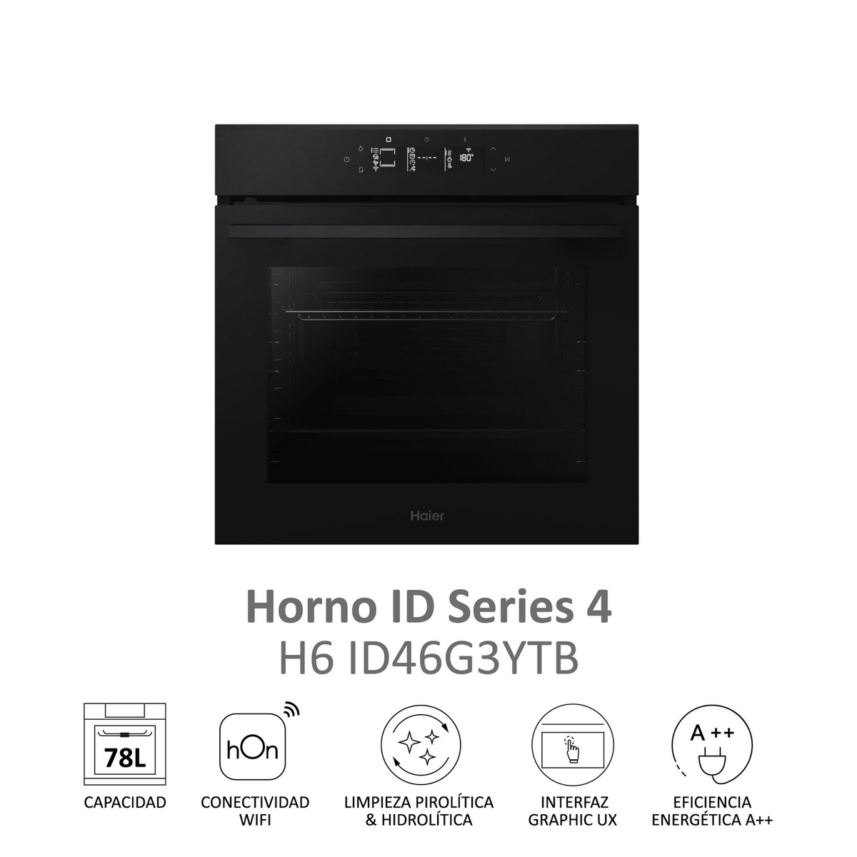 Forno nero con display digitale. Ha icone in basso, tra cui una capacità di 78L, Wi-Fi ed efficienza energetica.
