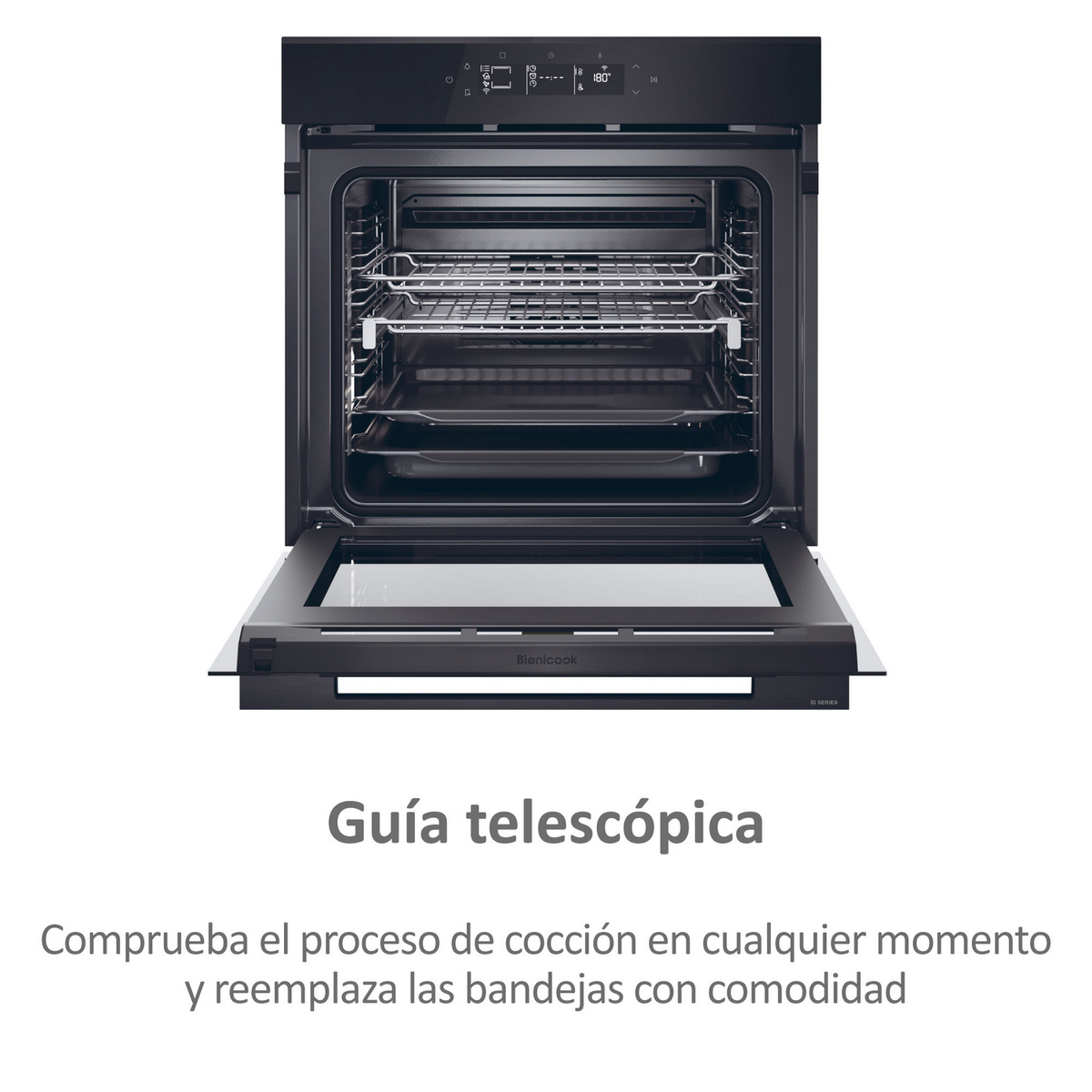 Forno nero con la porta aperta, mostrando l'interno. Ha griglie e vassoi. Il testo in basso dice 'guida telescopica'.