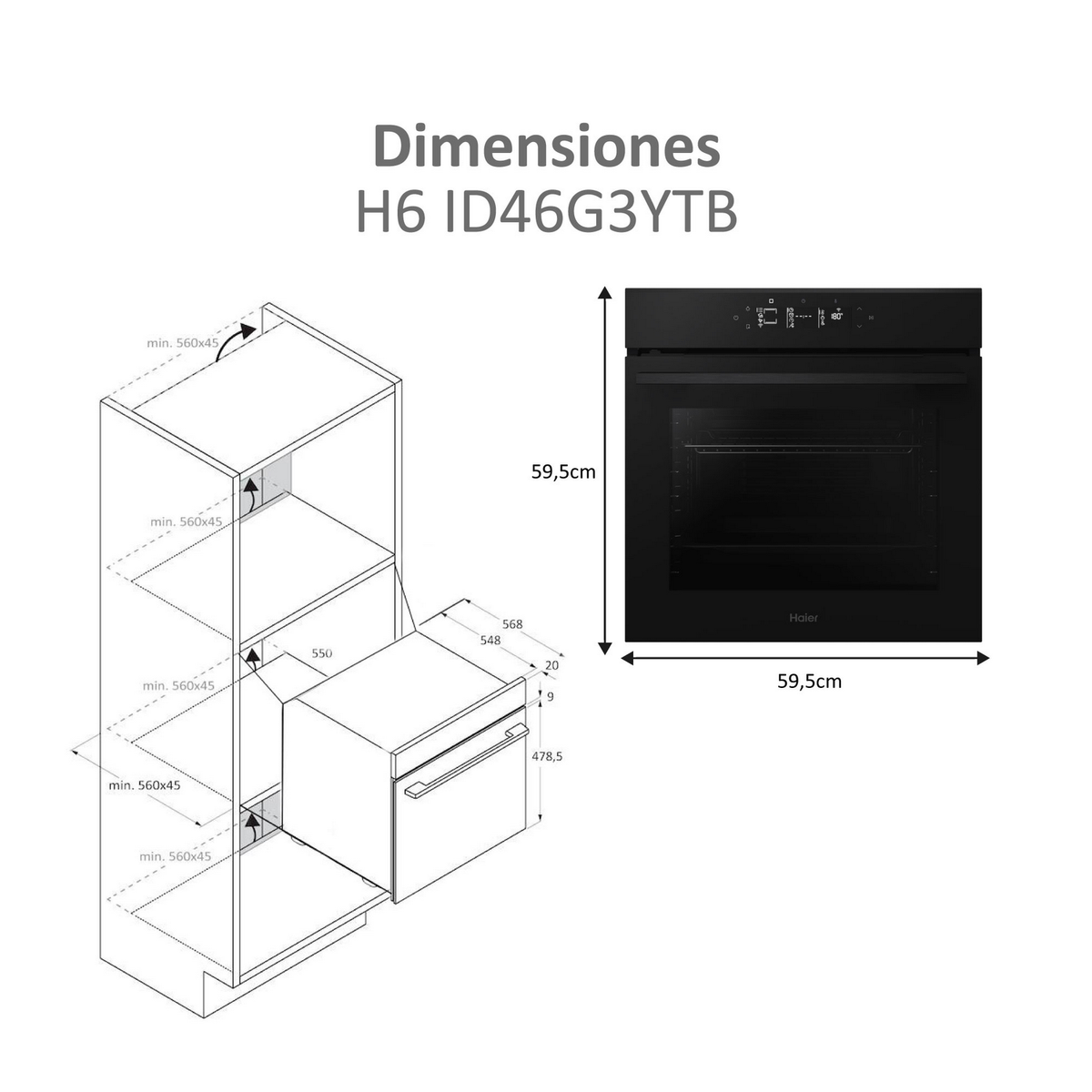 Diagramma che mostra le dimensioni di un forno nero. Il forno è mostrato accanto a un mobile. Misure in cm.