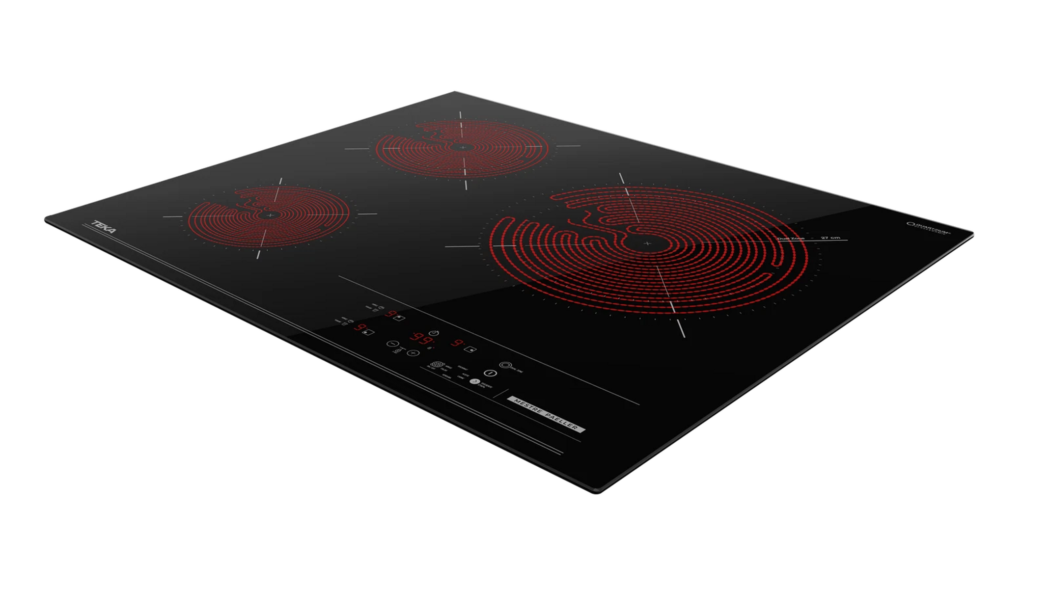 Piano cottura nero con aree riscaldate rosse. Logo Teka visibile sul lato sinistro.