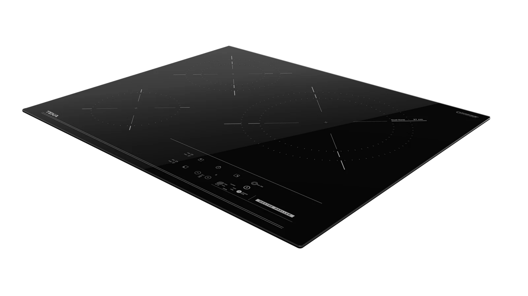 Un piano cottura a induzione nero con quattro zone cottura e un pannello di controllo. La superficie è riflettente.