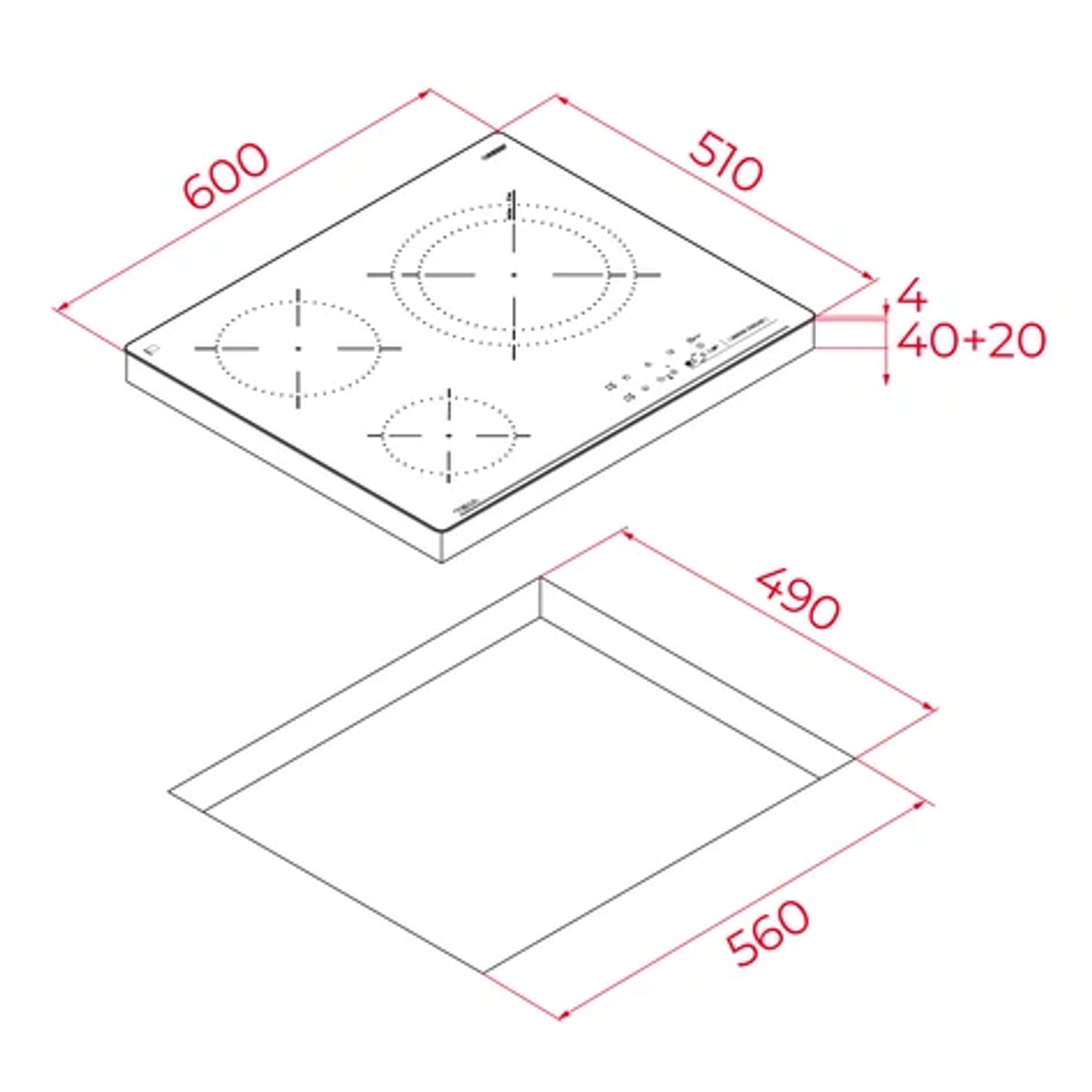 Schema di un piano cottura in vetroceramica nero, con dimensioni in cm. Il piano cottura ha 3 zone di cottura.