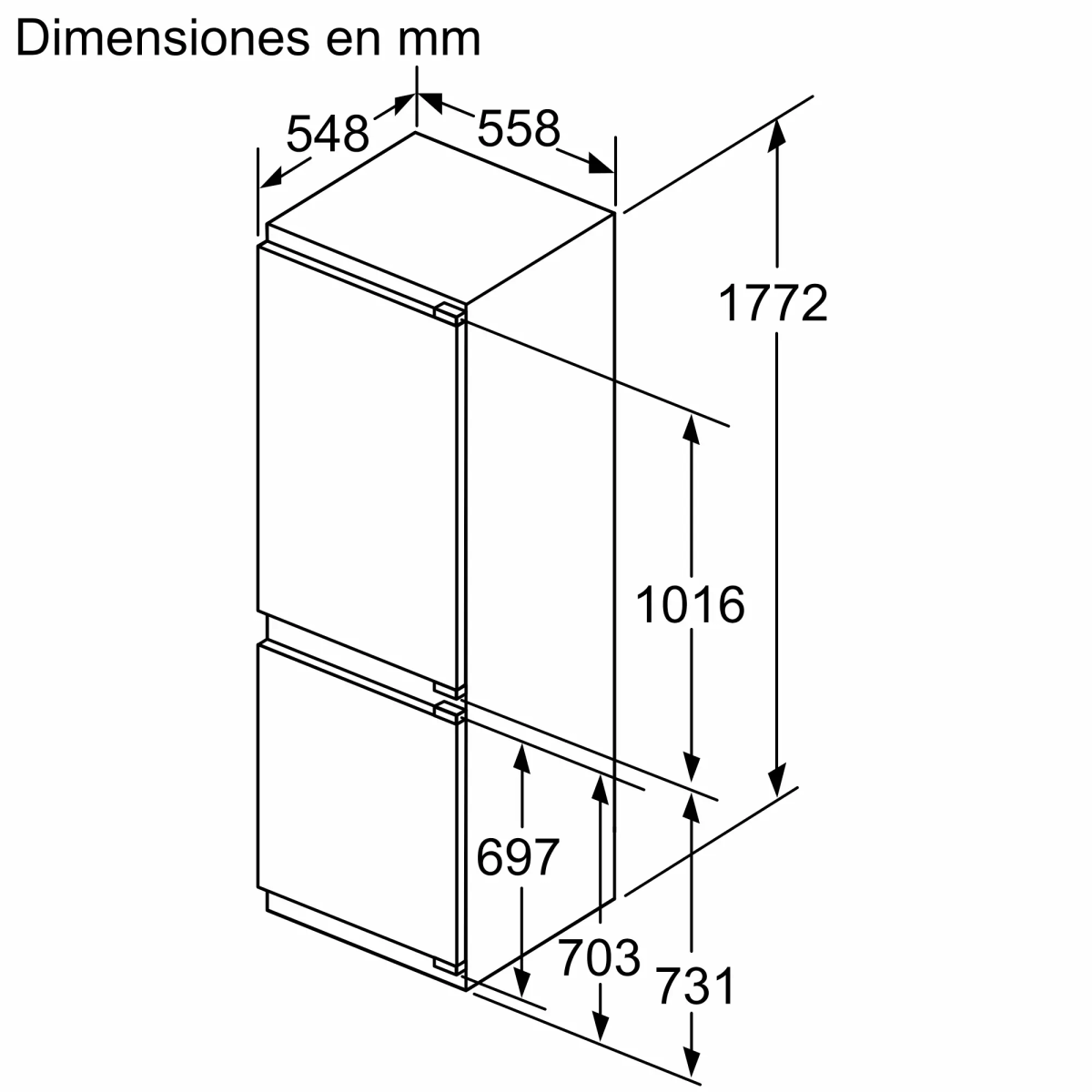 Vista isométrica de un refrigerador con dimensiones en mm. Tiene dos compartimentos.