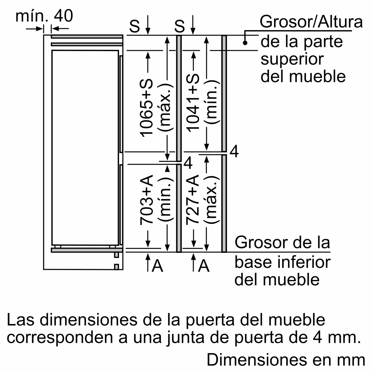 Diagrama con dimensiones para una puerta de armario. Muestra especificaciones de altura y ancho en mm.