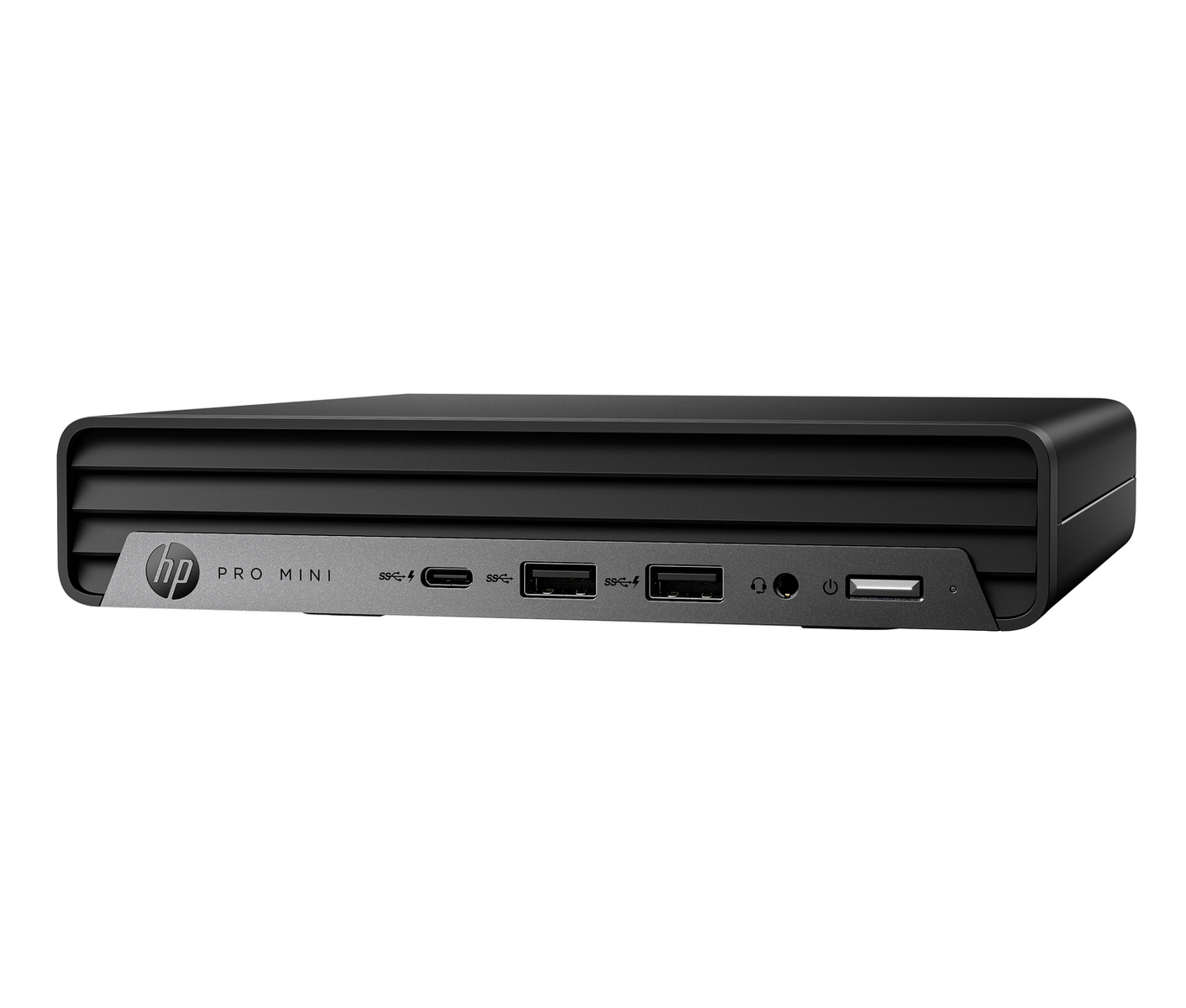 Computer HP Pro Mini nero. Ha diverse porte, un pulsante di accensione e il logo HP.