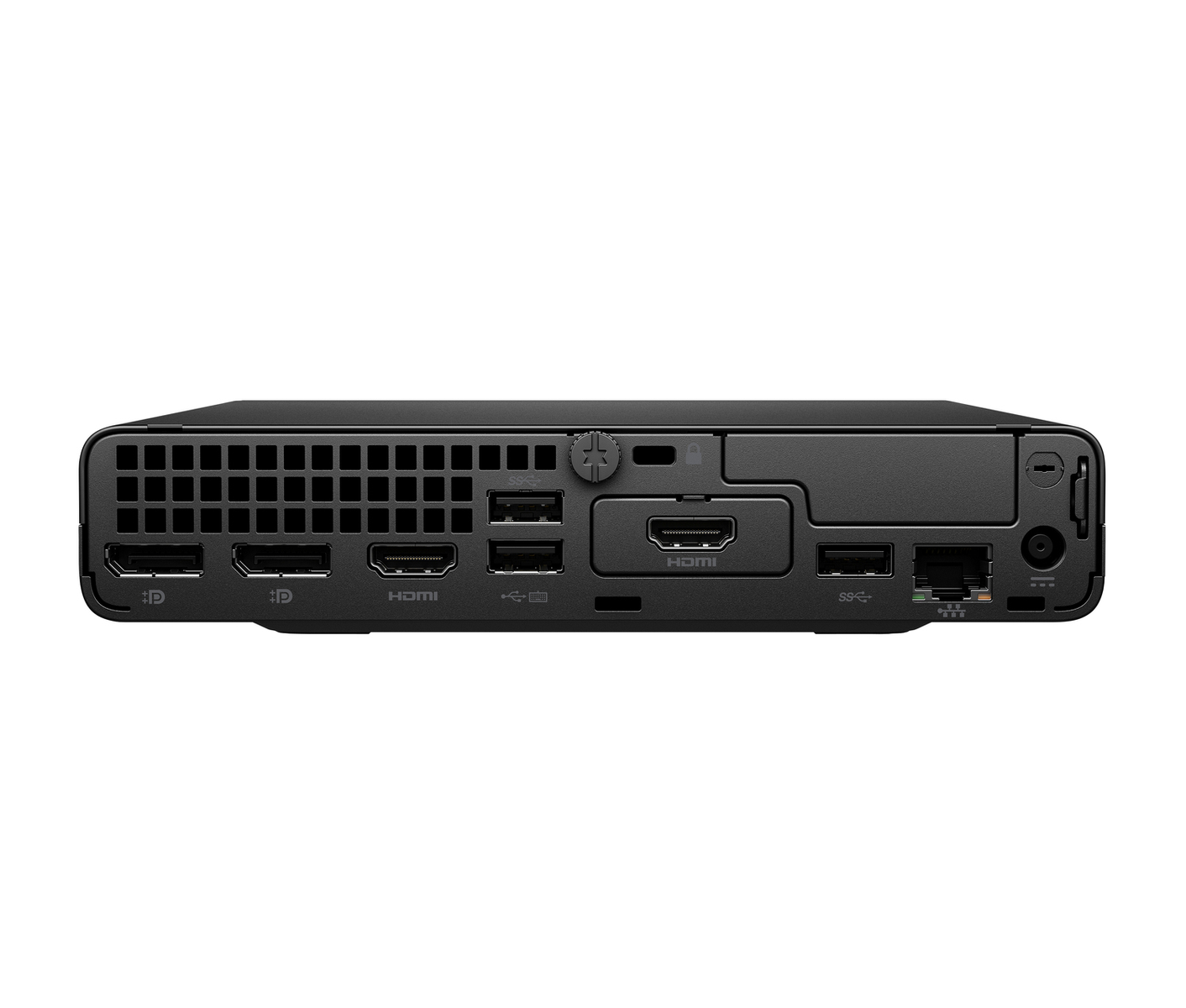 Il retro di un computer HP Pro Mini nero, che mostra varie porte e connettori per periferiche.