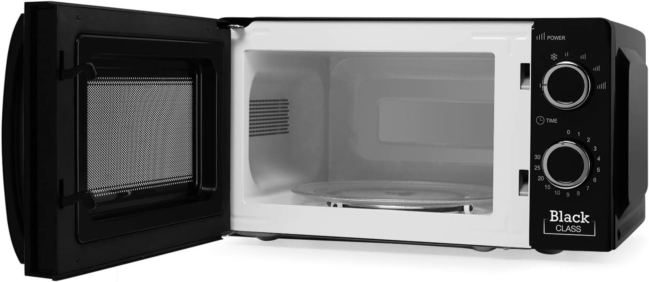 Czarna kuchenka mikrofalowa z otwartymi drzwiami, pokazująca wnętrze, w tym szklany talerz.