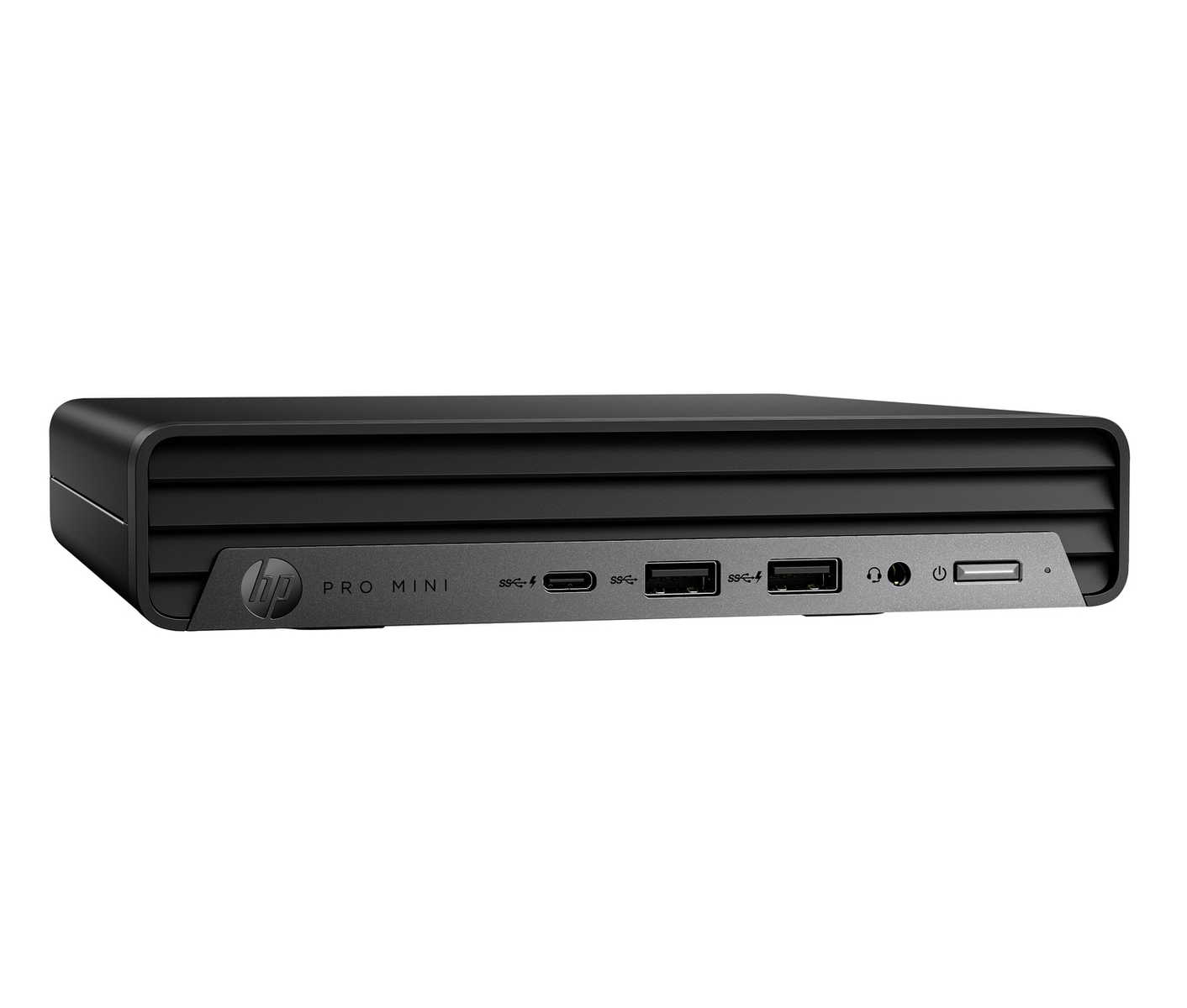 Un piccolo computer desktop nero dal design semplice, con porte sulla parte anteriore.