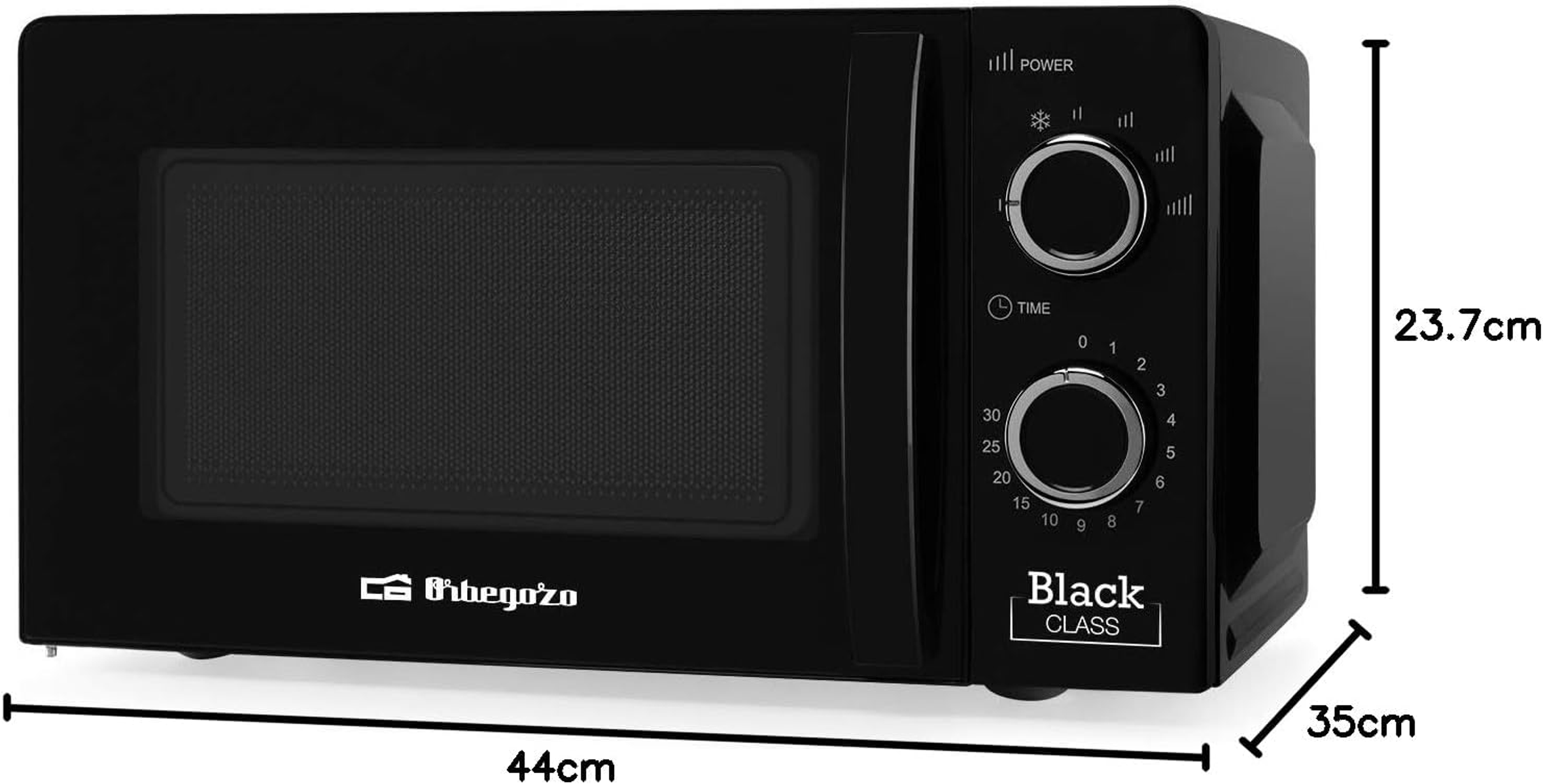 Czarna kuchenka mikrofalowa z wymiarami i elementami sterowania. Jest to model Black Class z ustawieniami mocy i czasu.