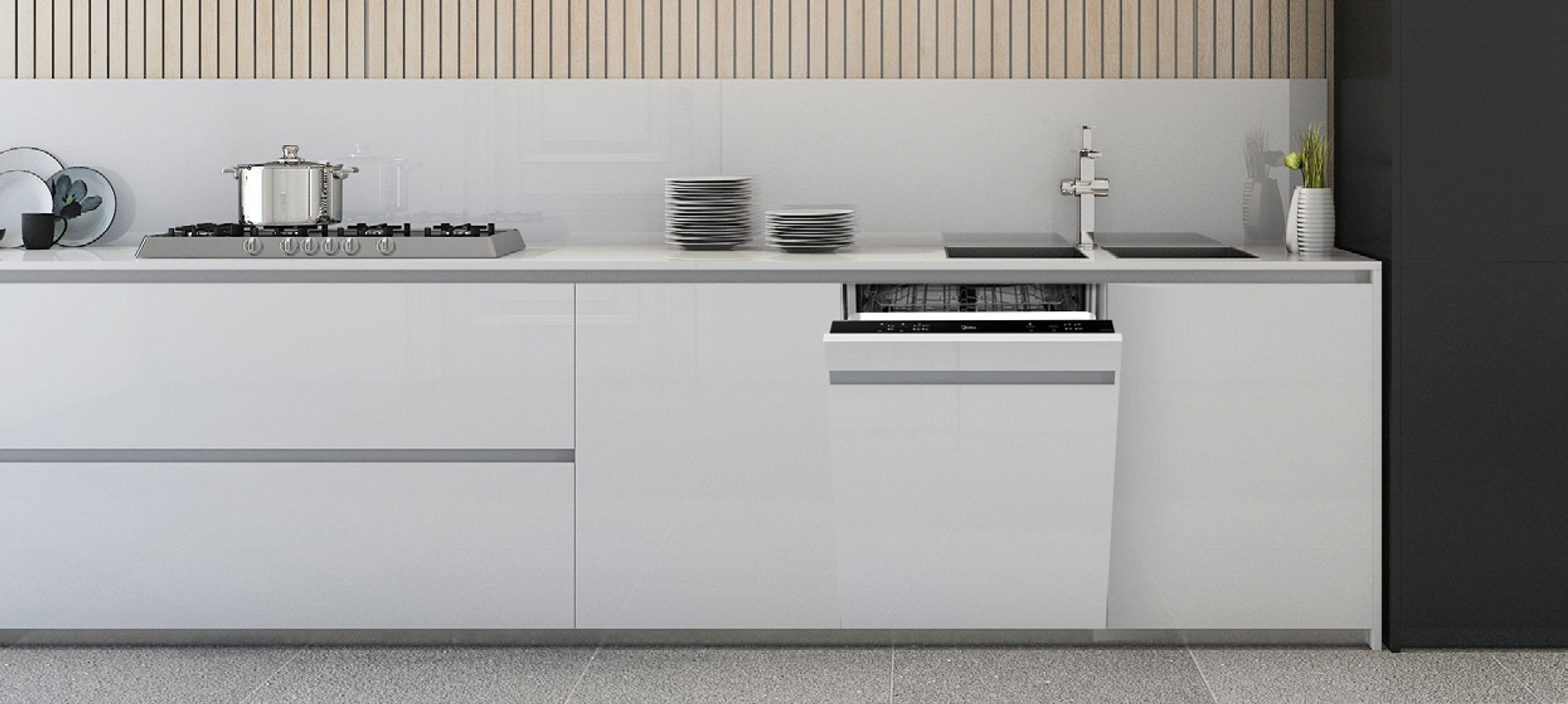 Una cocina blanca moderna con un lavavajillas integrado en los armarios, diseño limpio y minimalista.