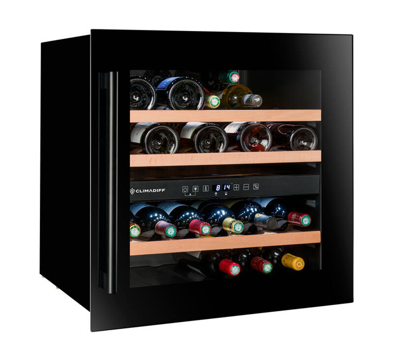Una cantinetta nera con ripiani multipli che contengono bottiglie di vino. La porta è chiusa con un frontale in vetro.