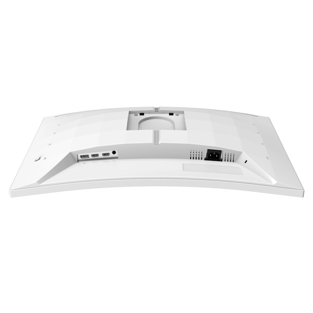 Tył białego monitora z portami i zasilaniem. Widoczne są HDMI, DisplayPort i połączenia zasilania.