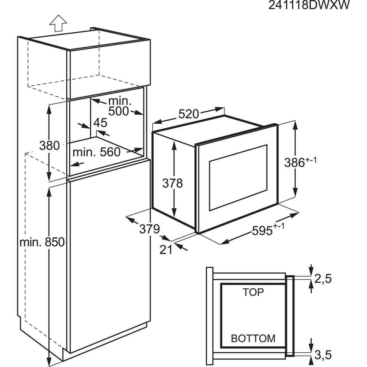 Schemat urządzenia z wymiarami, oznaczony miarami w milimetrach, pokazujący piekarnik do zabudowy.