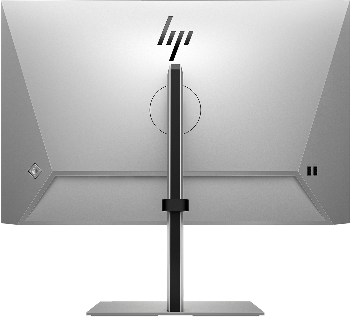 Widok z tyłu srebrnego monitora ze stojakiem i logo HP.