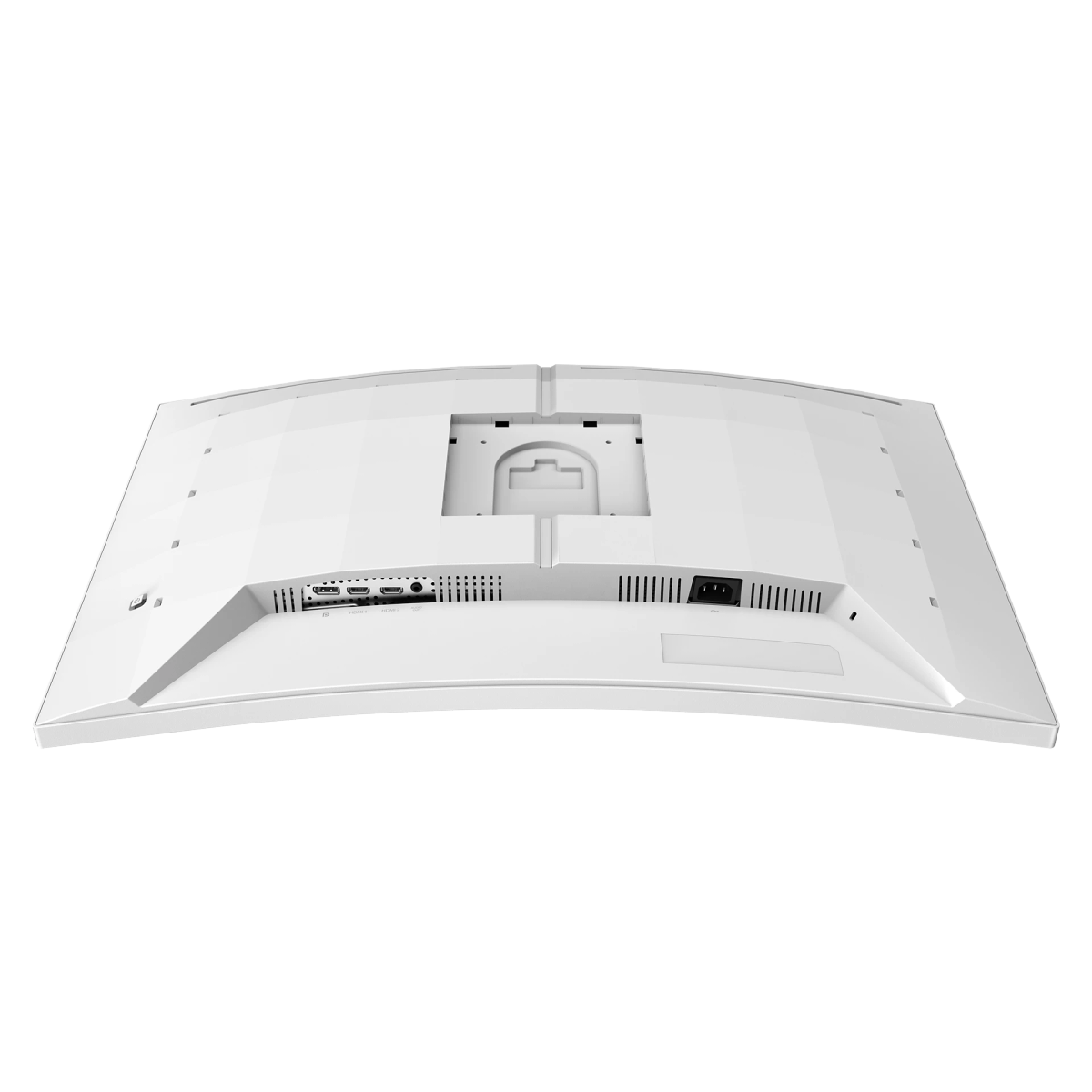Biały monitor z tylnym panelem. Posiada kilka portów i otworów wentylacyjnych.
