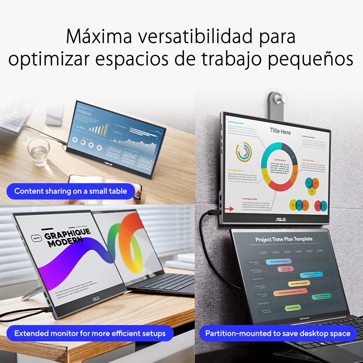 Dwa ekrany wyświetlające zawartość. Tekst powyżej mówi: Maxima versatilidad para optimizar espacios.