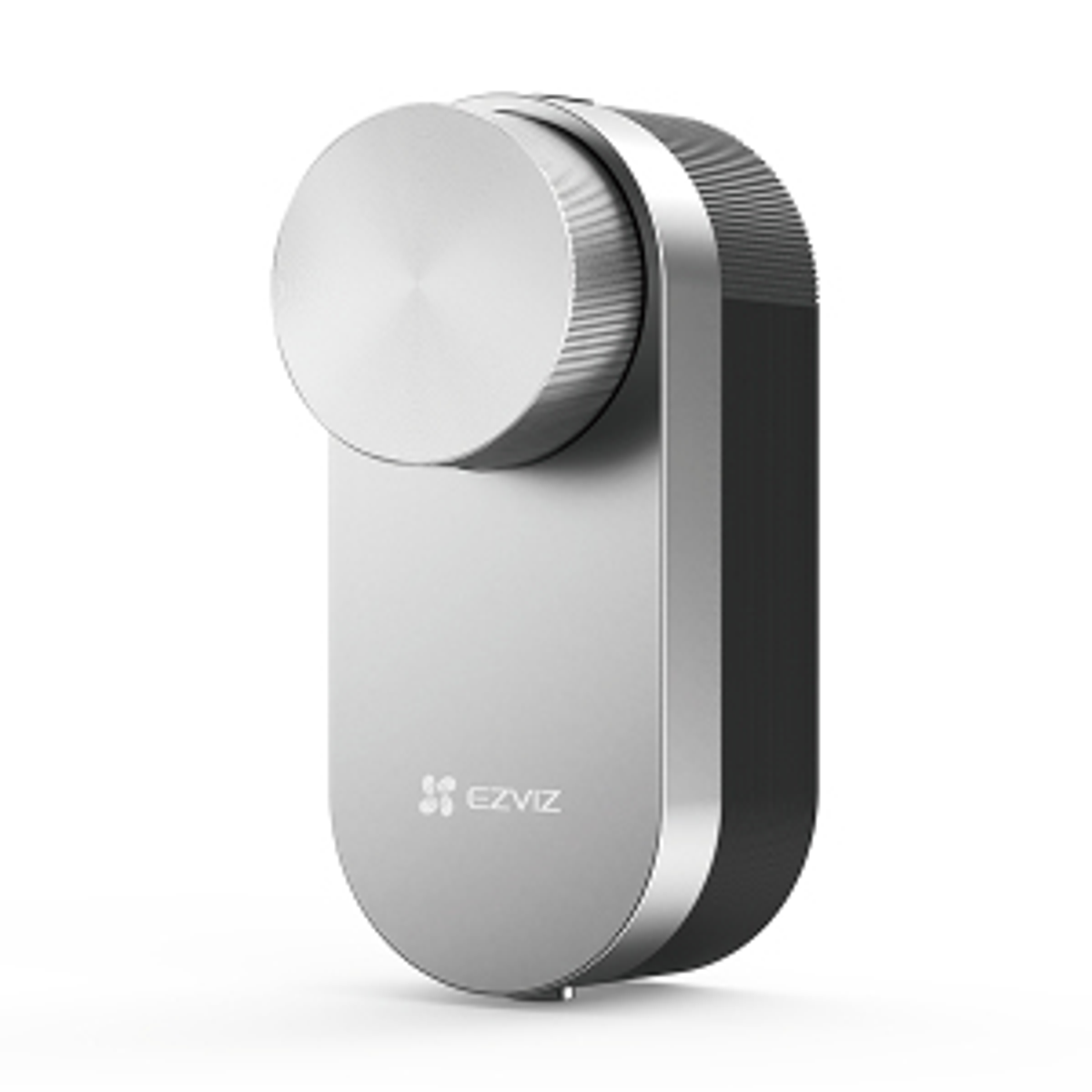 Serrure intelligente EZVIZ argent et noir avec poignée ronde et corps ovale.
