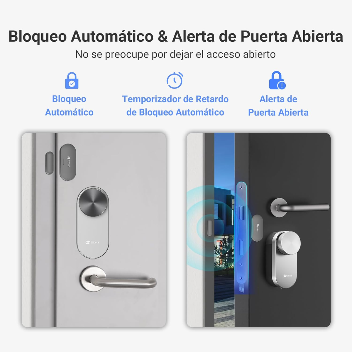 Composants de serrure intelligente avec du texte sur le verrouillage automatique et les alertes de porte ouverte.