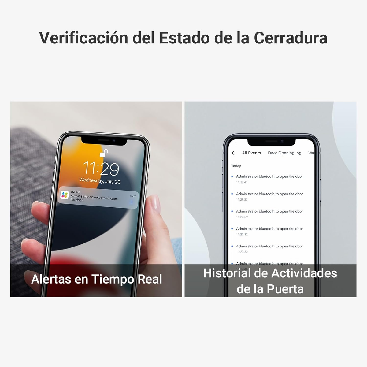Deux téléphones affichant l'état de la serrure de la porte. L'un affiche une notification, l'autre un historique.