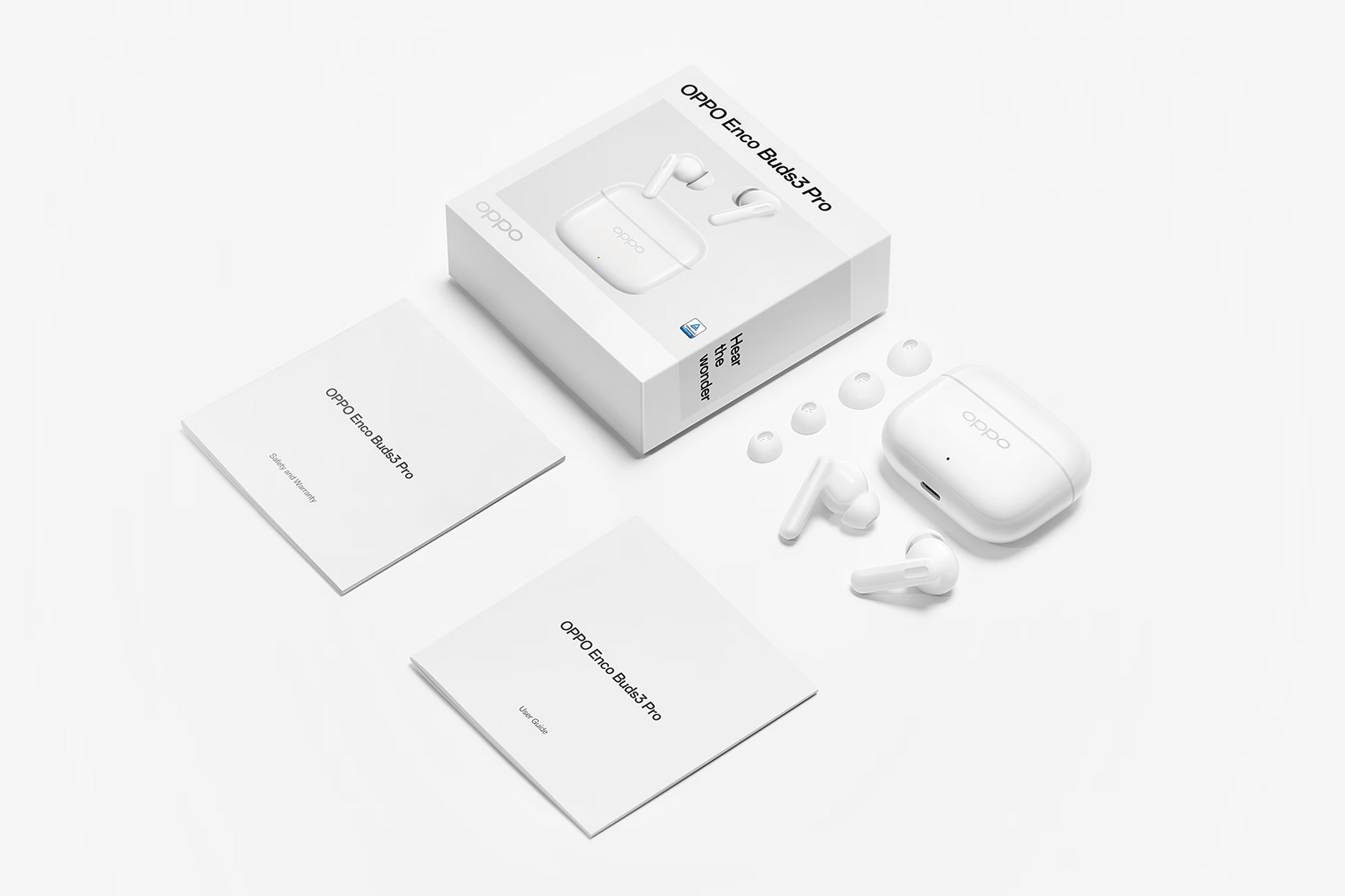 Witte Oppo Enco Buds3 Pro doos en accessoires. Inclusief oordopjes, oplaadcase en handleidingen.