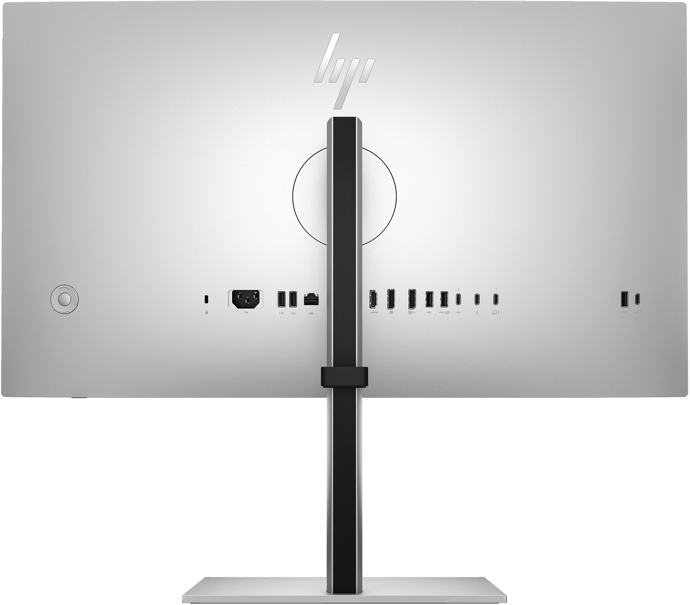 Vue arrière d'un moniteur d'ordinateur argenté avec support et plusieurs ports.