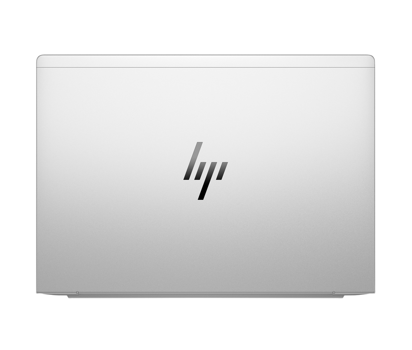 Tapa de portátil plateada con el logotipo de HP en el centro. Tapa cerrada, superficie lisa.